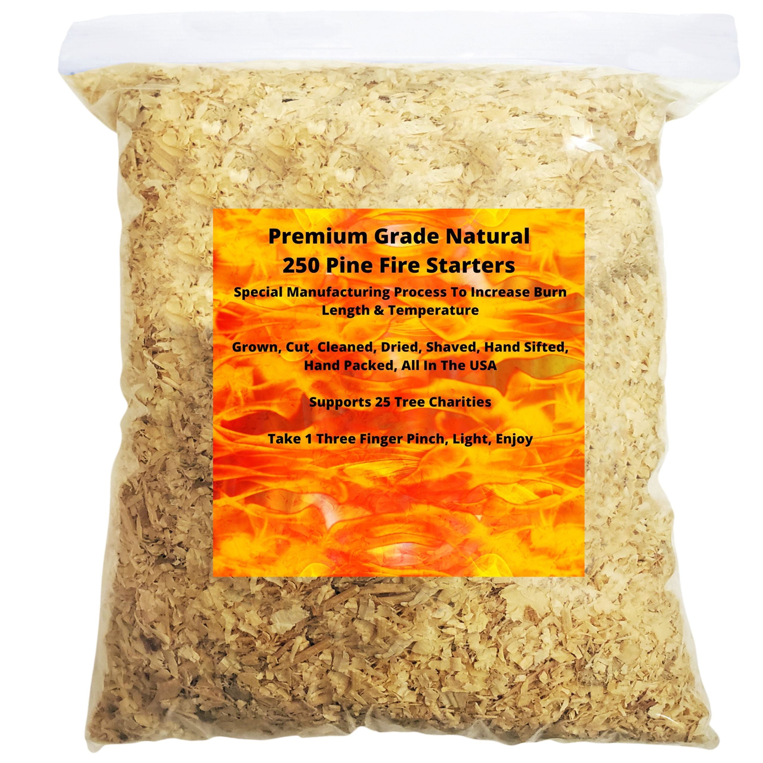 250 Fire Starter Pack, 1 Pinch is Enough, Made from American Pine, Our Enhanced Wood Burns Longer & Hotter Than Most, Also Works As Kindling, Start A Fire in Seconds Supports 25 Charities
