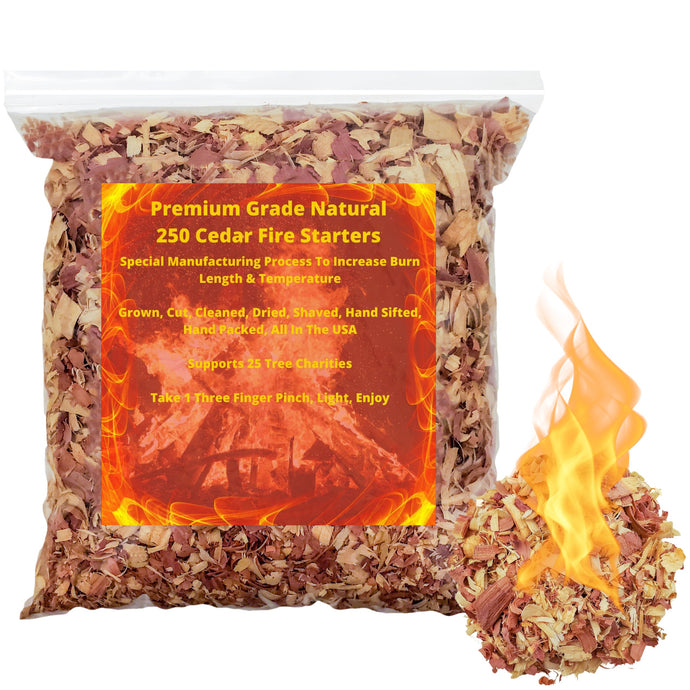 250 Cedar Fire Starter Pack, 1 Pinch is Enough, Made from American Easter Red Cedar, Burns Longer & Hotter, Start A Fire in Seconds Supports 25 Charities