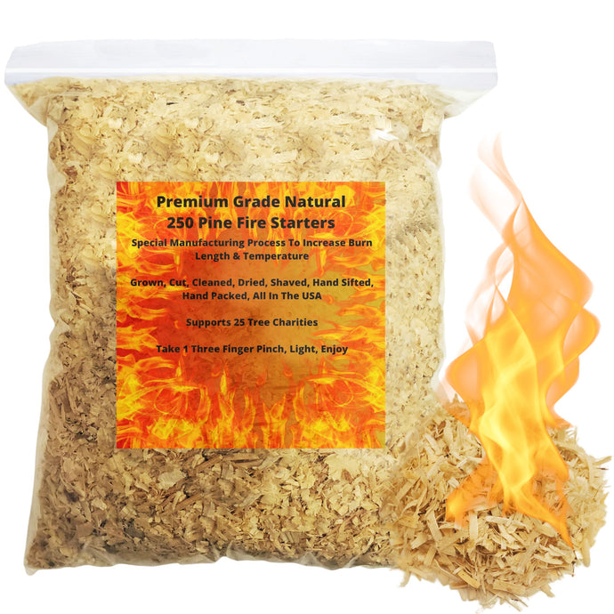 250 Charcoal Fire Starter Pack, 1 Pinch is Enough, Made from American Pine, Burns Longer & Hotter, Start A Fire in Seconds Supports 25 Charities